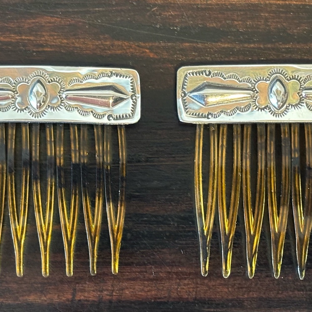 (2) Vintage South Western Native American Sterling Silver Hair Combs STUNNING